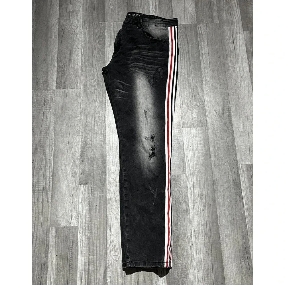 Kilogram Mens Distressed Side Stripe Jeans Black Red White Streetwear Size 42